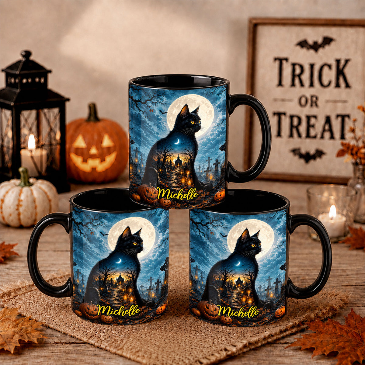 Personalized Halloween Cat Mug, Cute Black Cat Witch Hat Pumpkin Mug, Custom Name Fall Coffee Cup, Halloween Gift for Cat Lovers