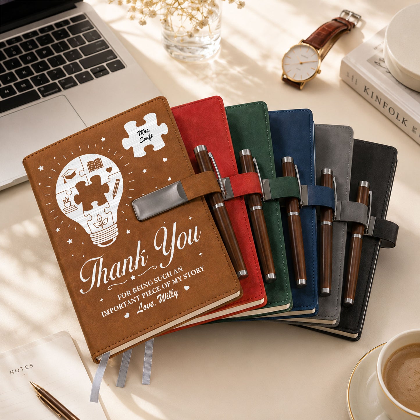 Thank You Teacher Journal Book - Custom Name Leather Notebook Gift Set - Teacher Appreciation Gift