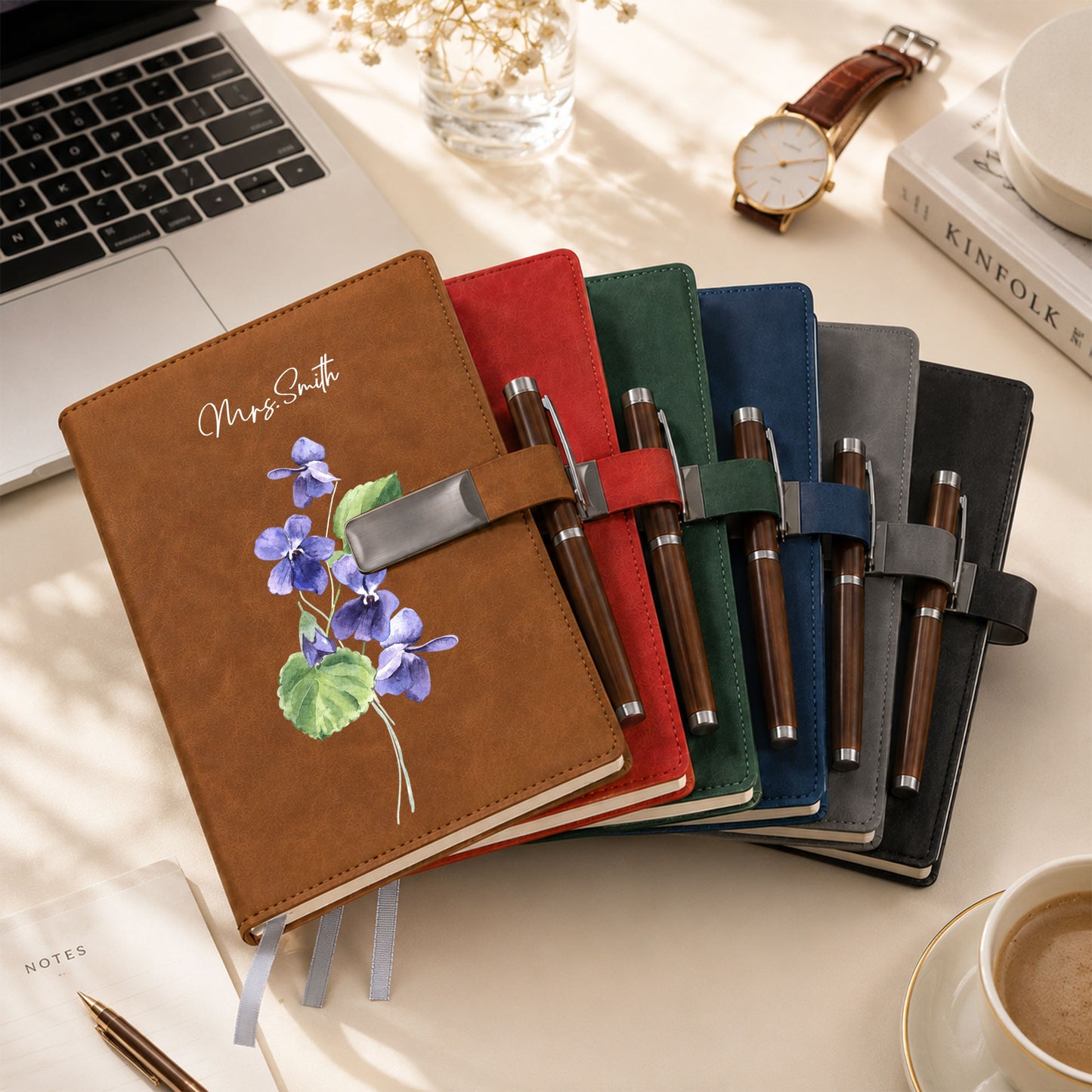Personalized Leather Notebook Set with Custom Name, Floral Journal Gift Set with Pen for Women, Teacher, Student, Office