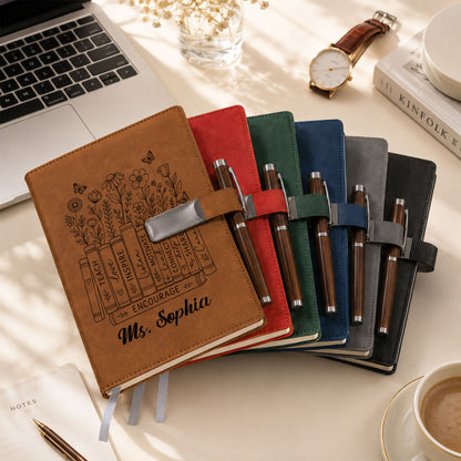 Personalized Teacher Journal Gift Set - Floral Book Stack Teacher Leather Notebook - Teacher Thank You Gift