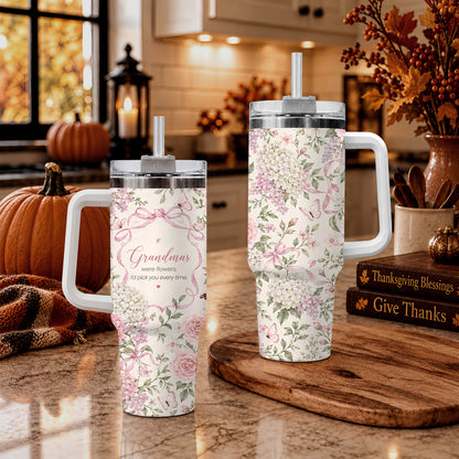 Personalized Thanksgiving Tumbler 40oz with Handle, Floral Fall Design, Gift For Grandma