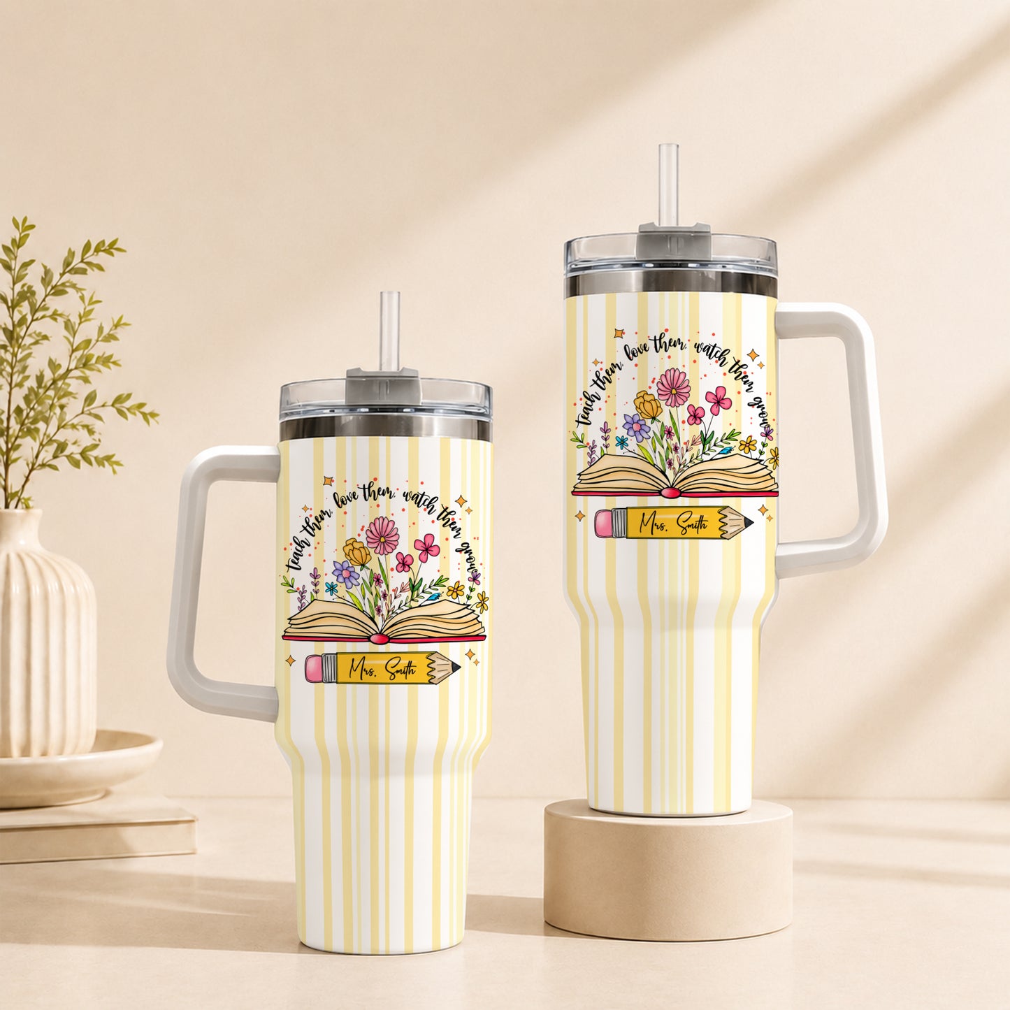 Personalized 40oz Teacher Tumbler with Handle & Straw – Custom Floral Teacher Gift for Back to School, First Day of School & Teacher Appreciation