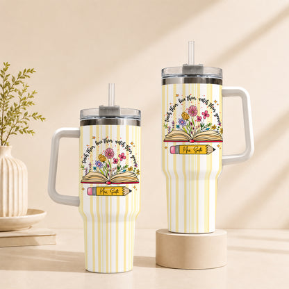 Personalized 40oz Teacher Tumbler with Handle & Straw – Custom Floral Teacher Gift for Back to School, First Day of School & Teacher Appreciation