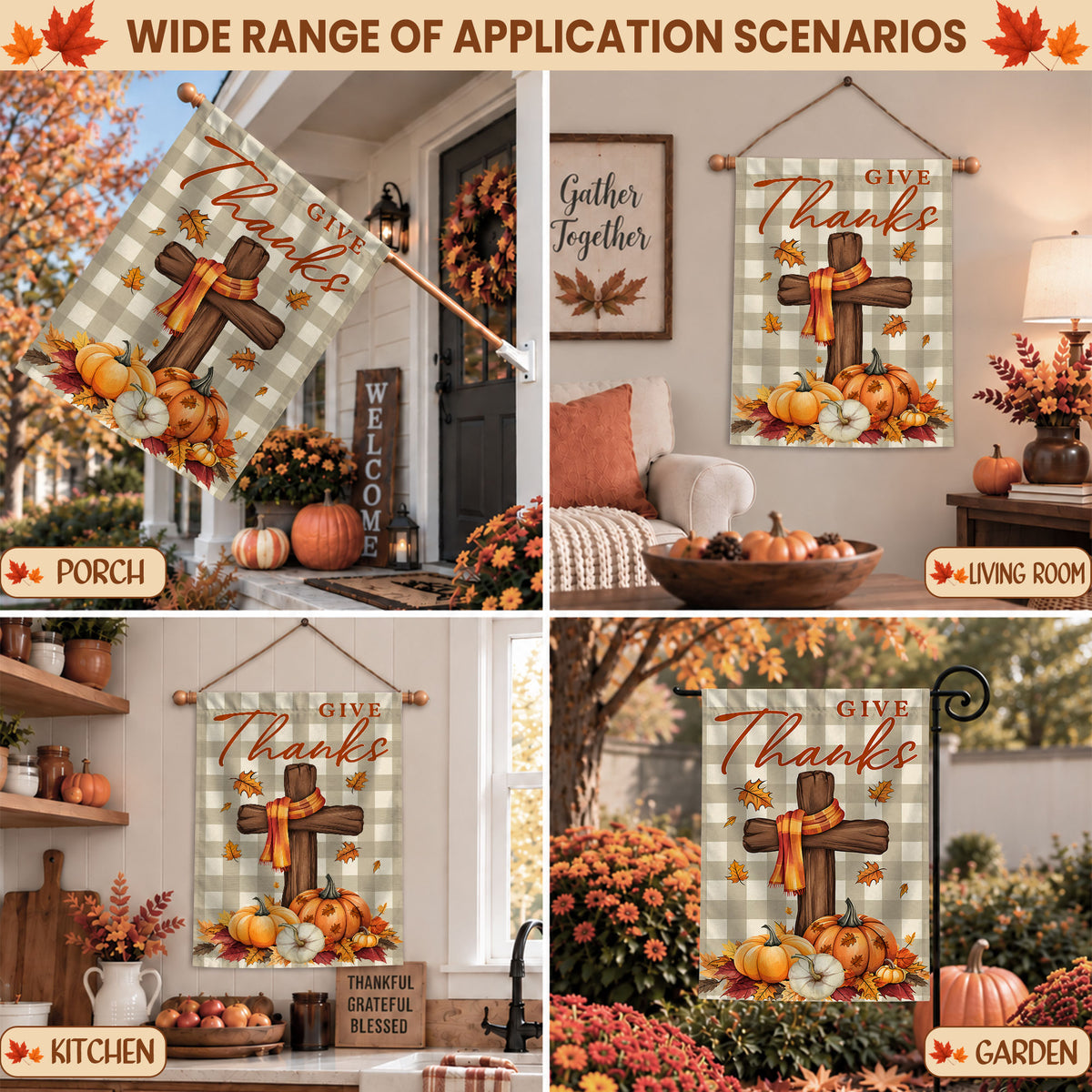 Give Thanks Fall Garden Flag, Rustic Cross Pumpkin Thanksgiving Yard Flag, Autumn Outdoor Decor