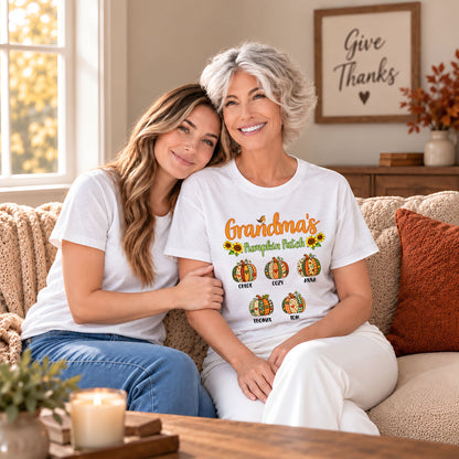 Personalized Grandma’s Pumpkin Patch Shirt & Sweater, Custom Family Names Fall Shirt, Autumn Family Gift