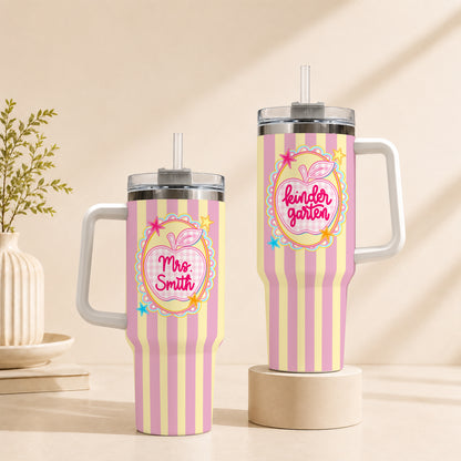 Personalized Teacher & Student Tumbler 40oz with Handle – Custom Name & Grade, Striped Apple School Tumbler for Preschool to 8th Grade