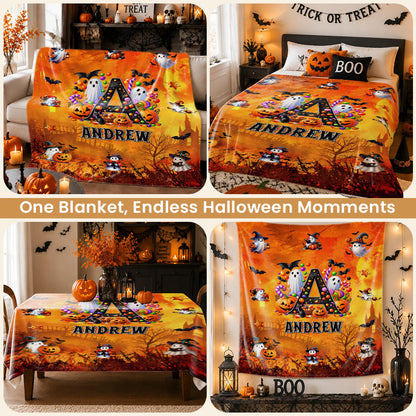 Personalized Halloween Blanket for Kids, Ghost Pumpkin Name Blanket, Fleece & Sherpa Blanket