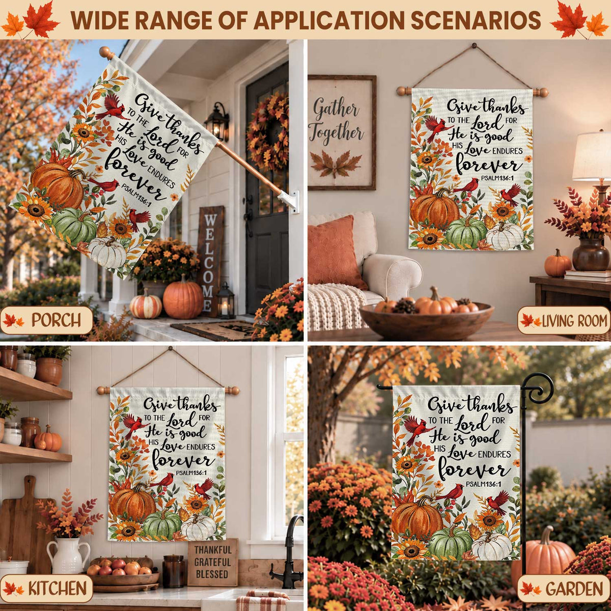 Give Thanks Fall Garden Flag, Rustic Cross Pumpkin Thanksgiving Yard Flag, Autumn Outdoor Decor