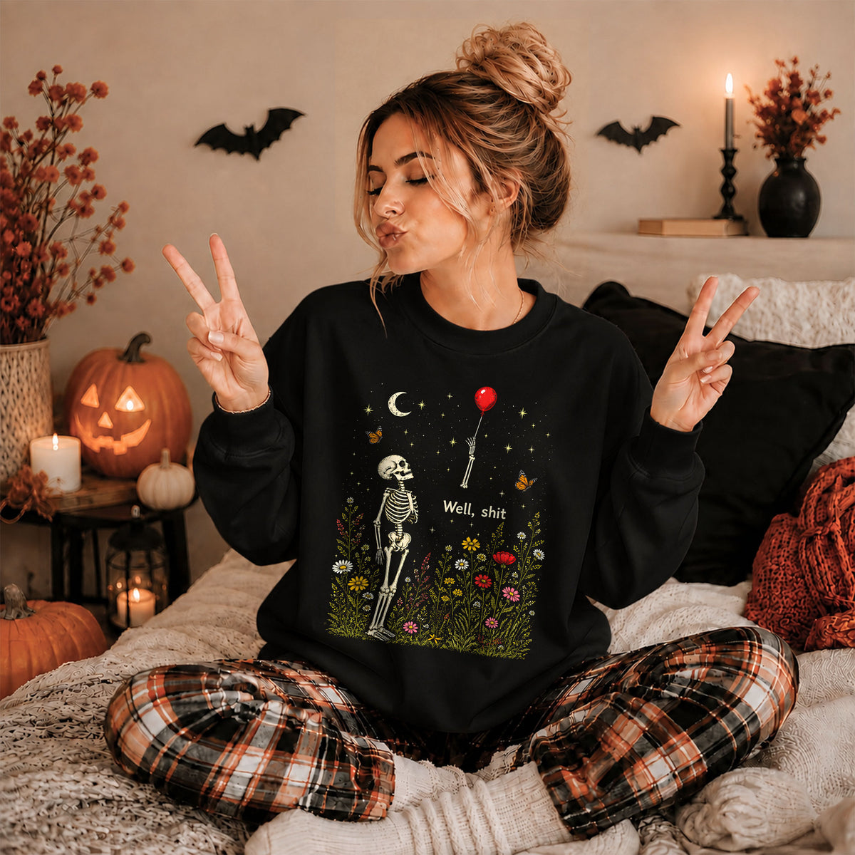 Skeleton Holding Red Balloon Graphic T-Shirt, Funny Halloween Inspired Skeleton Shirt, Spooky Season Casual Tee