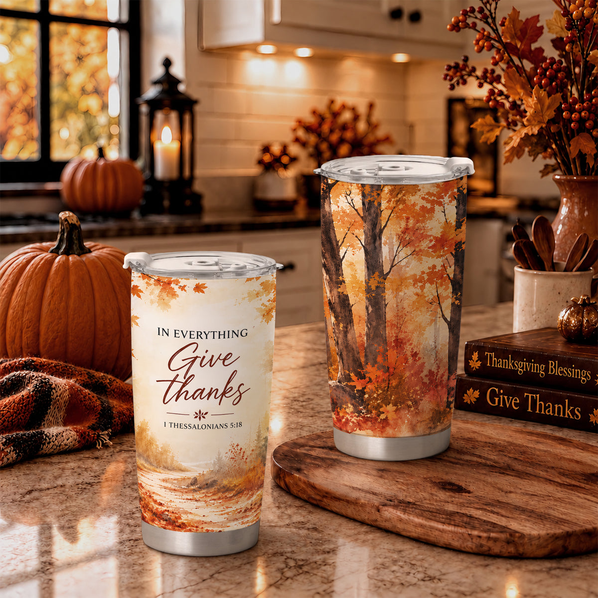 Christian Fall Thanksgiving 20oz Travel Coffee Mug Tumbler, Autumn Gift for Women, Family