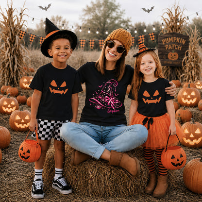Personalized Halloween Breast Cancer Awareness Shirt for Women, Pink Ribbon Witch Hat Design, Custom Name Family Matching Tee