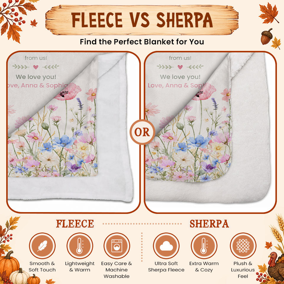 Personalized Grandma Thanksgiving Fleece or Sherpa Blanket, Floral Garden Family Custom Gift for Grandma
