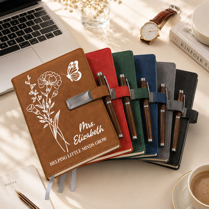 Birth Month Flower Teacher Journal - Custom Name Leather Notebook Gift Set - Teacher Appreciation Gift