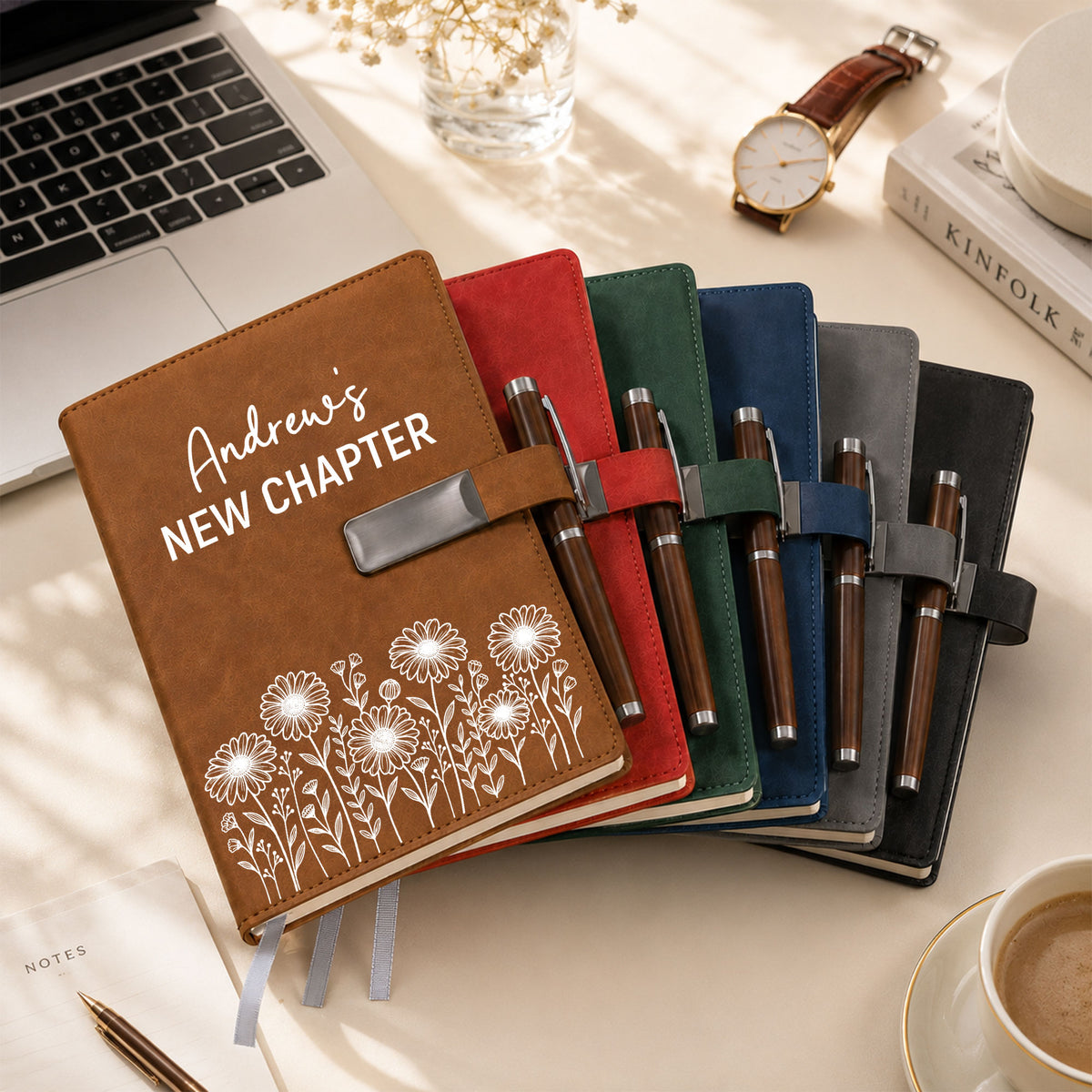 Personalized Leather Journal Gift Set – Birth Month Flower Custom Name Notebook with Pen - Graduation Gift, Personalized Diary for Women & Men