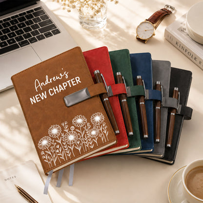 Personalized Leather Journal Gift Set – Birth Month Flower Custom Name Notebook with Pen - Graduation Gift, Personalized Diary for Women & Men