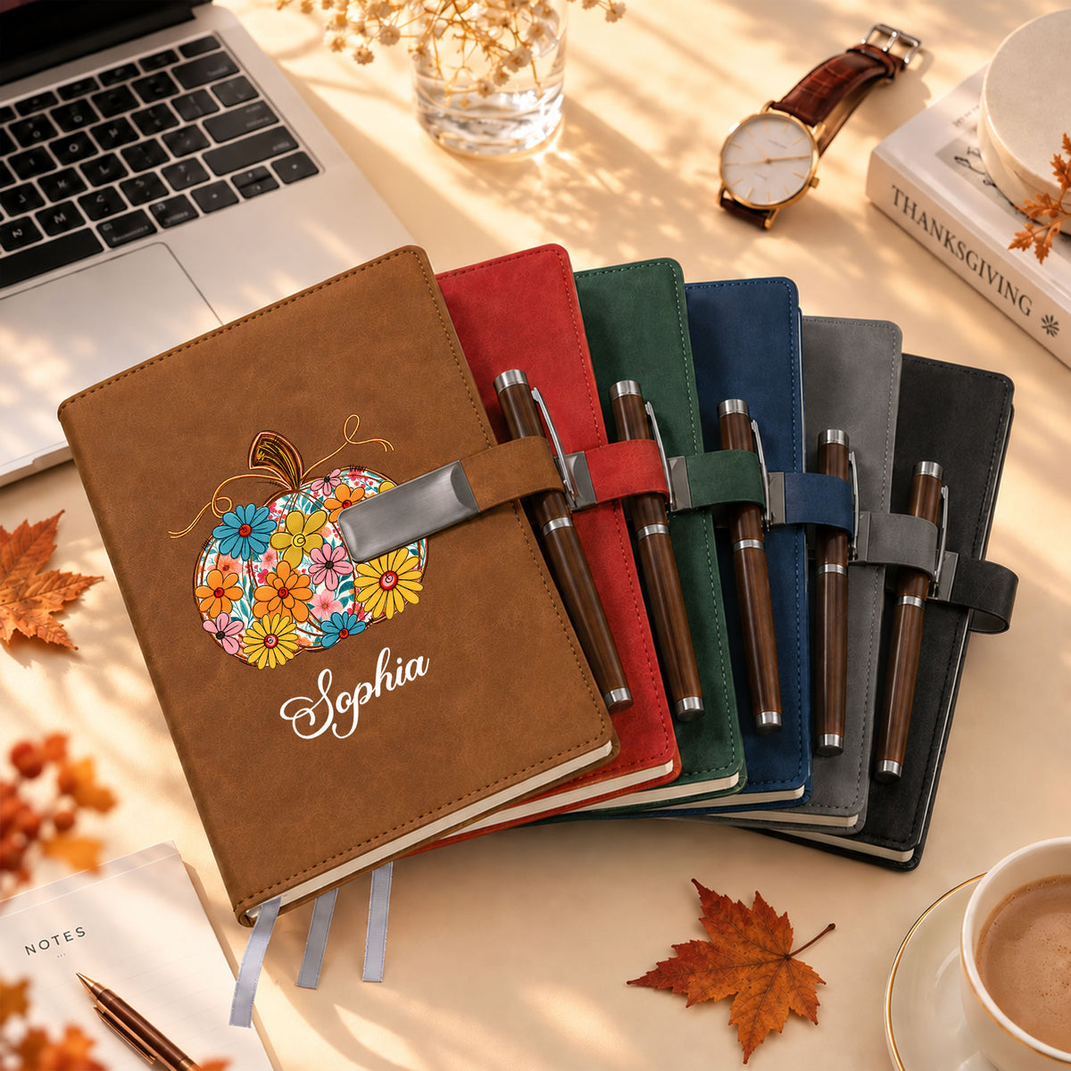Personalized Notebook Thanksgiving Gift, Fall Floral Pumpkin Gift for Teacher, Student, Family, Friends