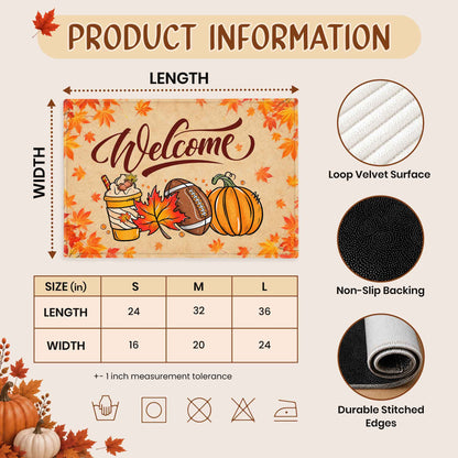Fall Football Pumpkin Doormat, Welcome Autumn Leaves Door Mat, Thanksgiving Home Decor
