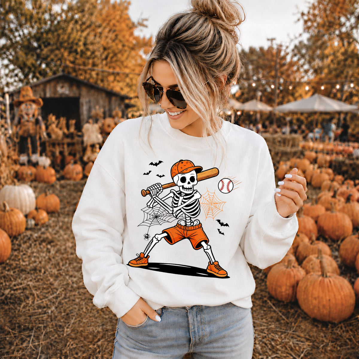 Baseball Skeleton Graphic Halloween Sweatshirt, Spooky Baseball Player Shirt, Funny Halloween Gift