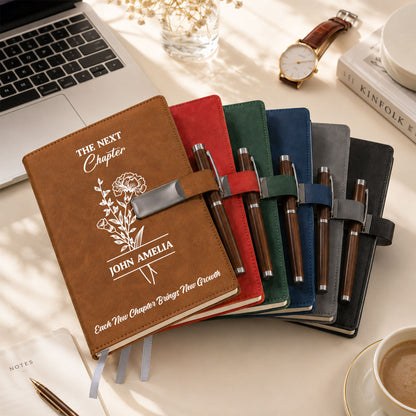 Personalized Leather Journal Gift Set - Birth Month Flower New Chapter Notebook - Graduation Gift, Inspirational Gift for Women, Friends
