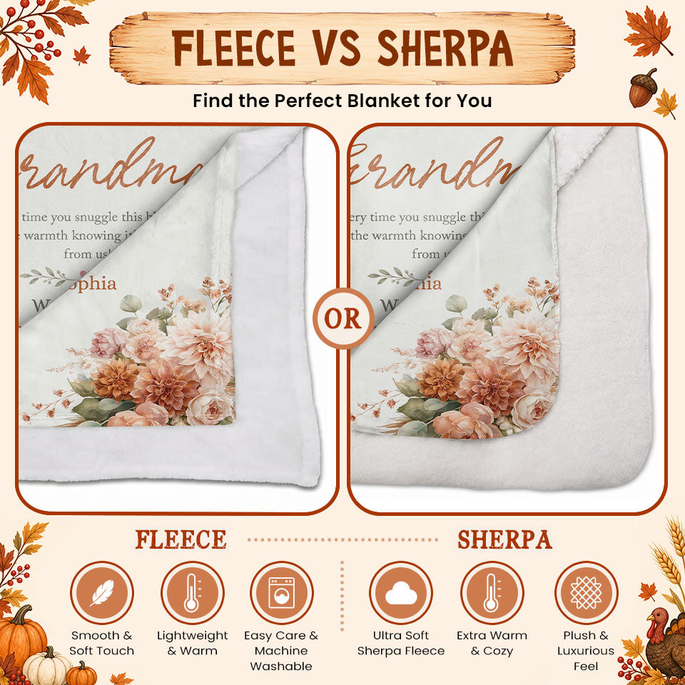 Personalized Grandma Thanksgiving Fleece or Sherpa Blanket, Floral Garden Family Custom Gift for Grandma