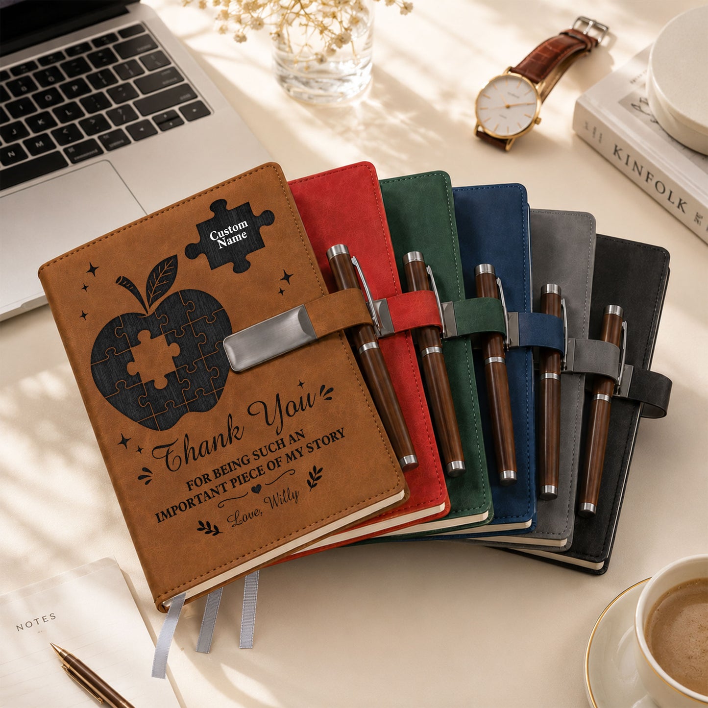 Thank You Teacher Journal Gift Set - Custom Name Leather Notebook - Appreciation Gift for Teachers