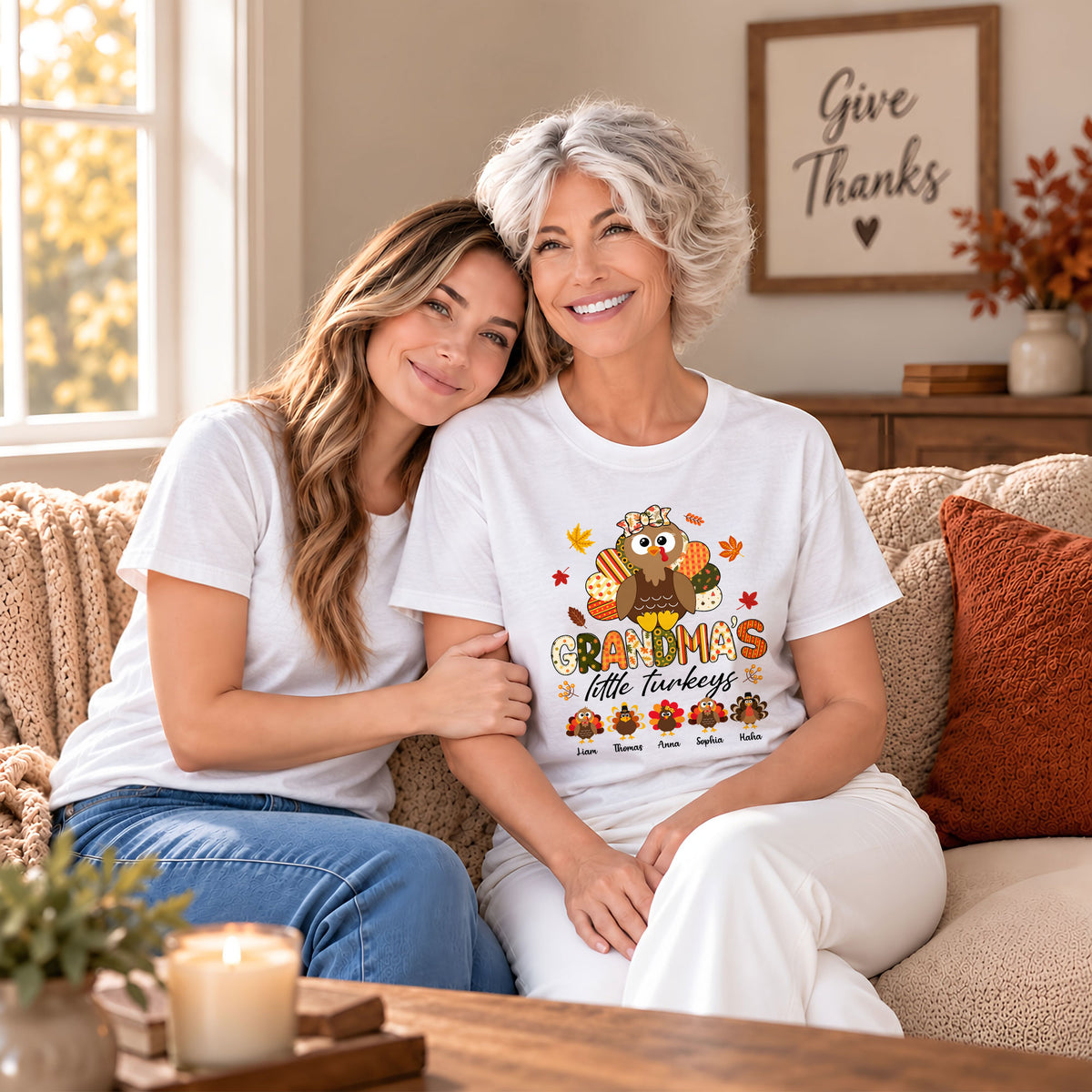 Personalized Thankful Grateful Blessed Grandma Sweatshirt, Custom Grandma Turkey with Grandkids Names Gift For Family