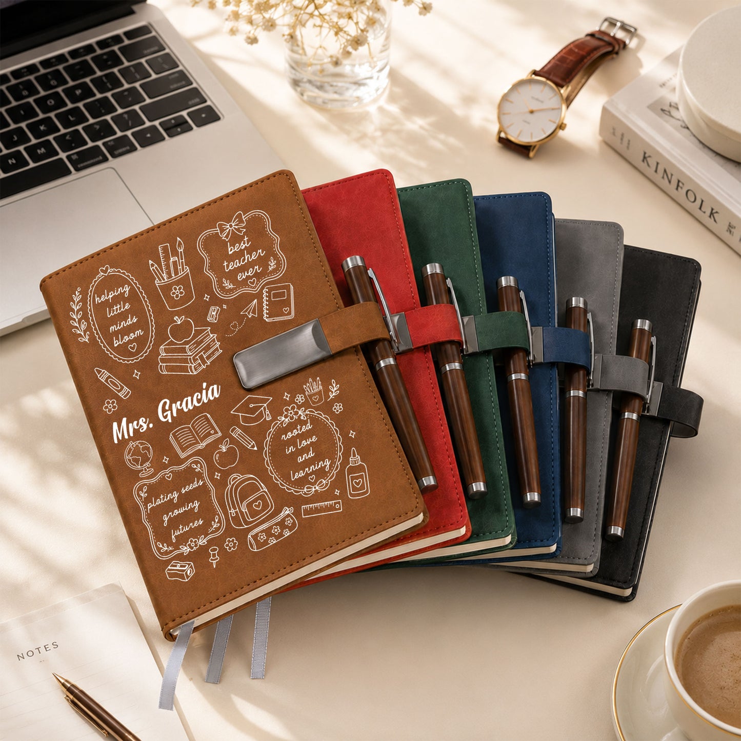 Personalized Teacher Journal Gift Set - Custom Teacher Leather Notebook and Pen - Appreciation Gift for Teachers