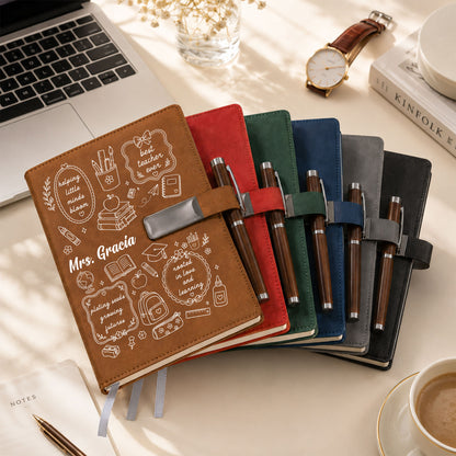 Personalized Teacher Journal Gift Set - Custom Teacher Leather Notebook and Pen - Appreciation Gift for Teachers