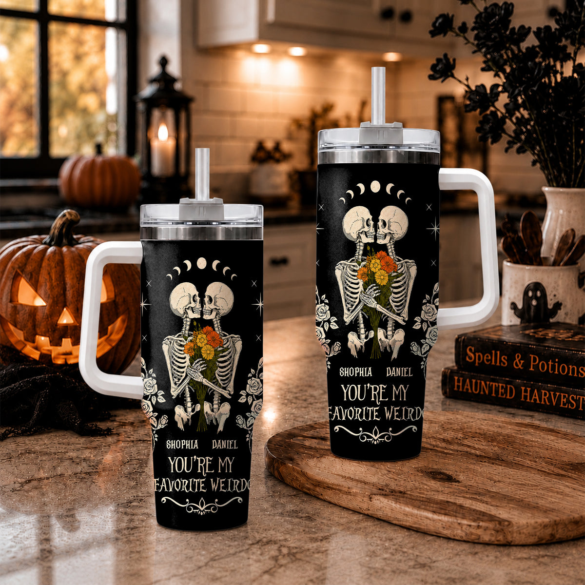 Personalized Skeleton Couple Halloween Tumbler 40oz, Gothic Skeleton with Roses, Halloween Gift for Couples