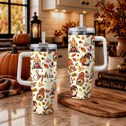 Personalized Thanksgiving Tumbler 40oz, Turkey Fall Leaves Gnome, Hello Fall Custom Name Gift For Adult & Friends