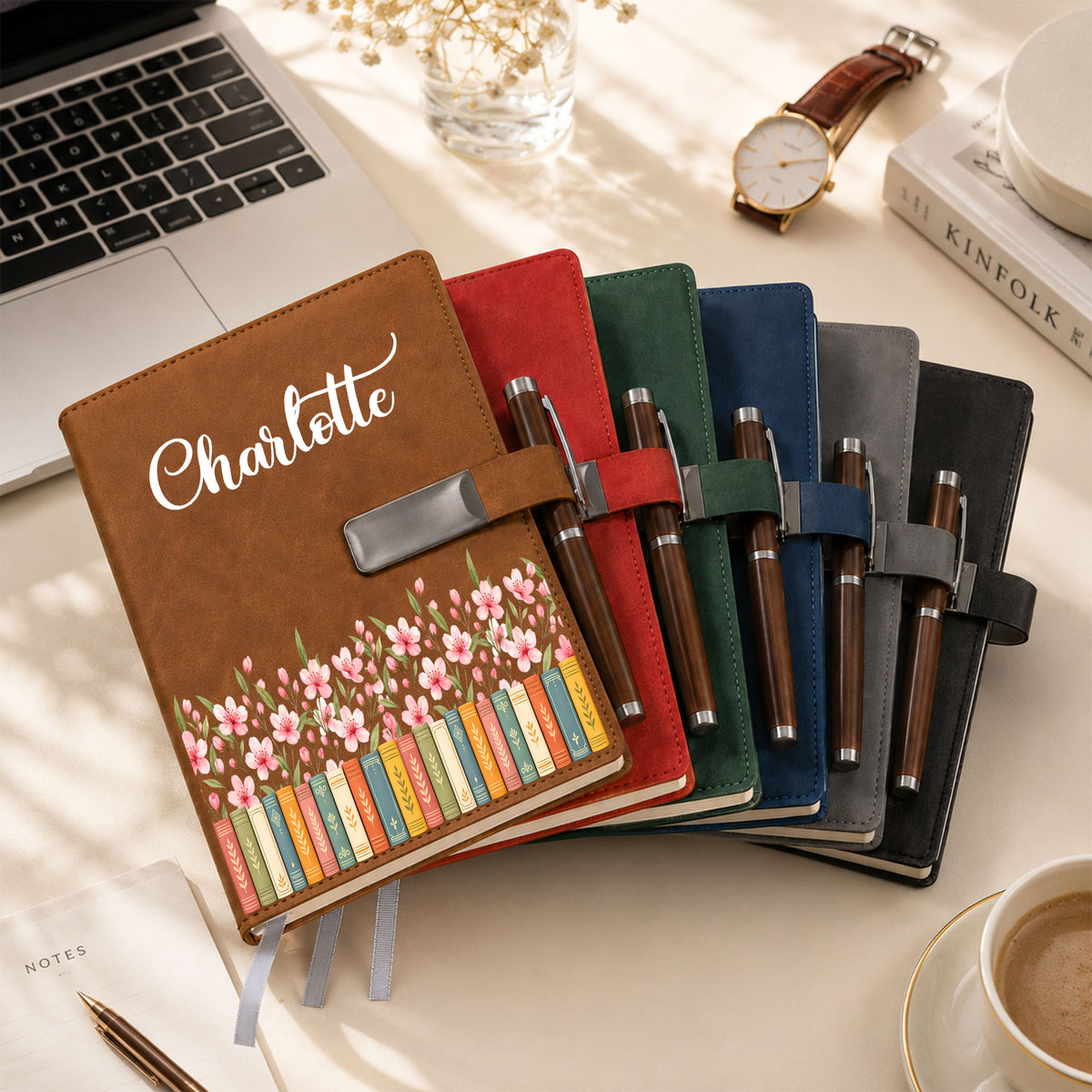 Personalized Leather Journal Gift Set – Birth Month Flower Book Stack Notebook - Gift for Women, Teachers, Friends