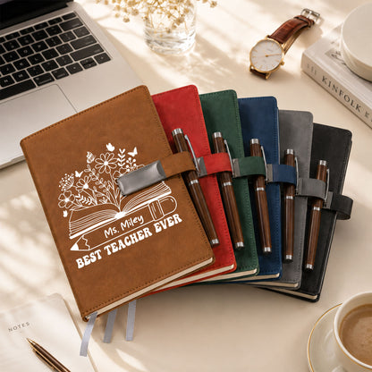 Best Teacher Ever Notebook - Custom Name Leather Notebook Gift Set - Thank You Teacher Gift