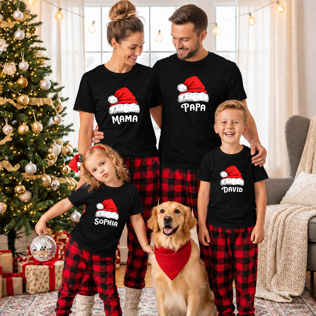 Personalized Family Christmas Shirts, Matching Santa Hat Tees, Custom Name Holiday Gift