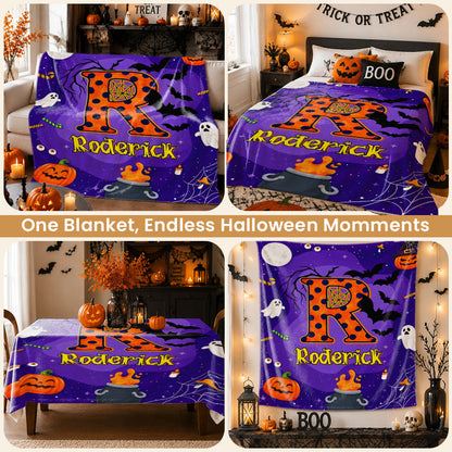 Personalized Halloween Blanket for Kids, Ghost Pumpkin Name Blanket, Fleece & Sherpa Blanket