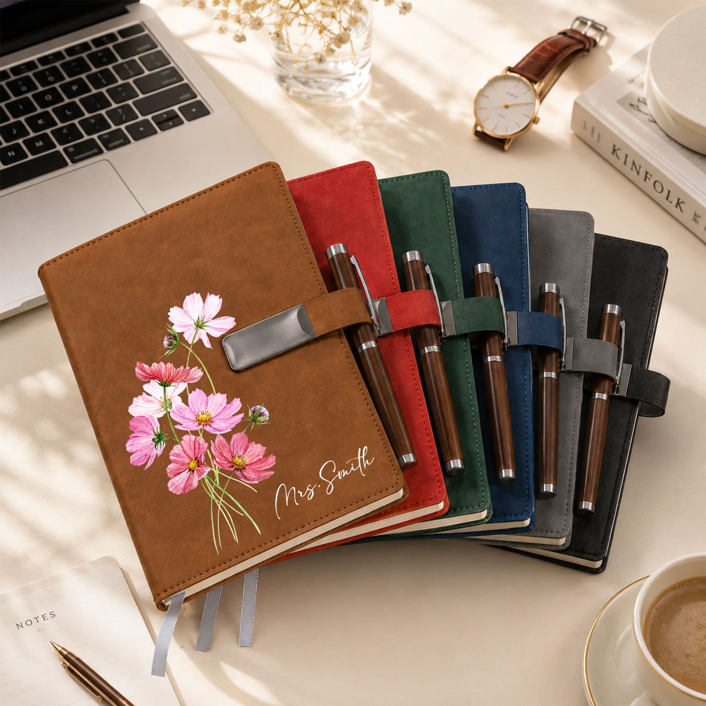 Personalized Leather Notebook Set with Custom Name, Floral Journal Gift Set with Pen for Women, Teacher, Student, Office