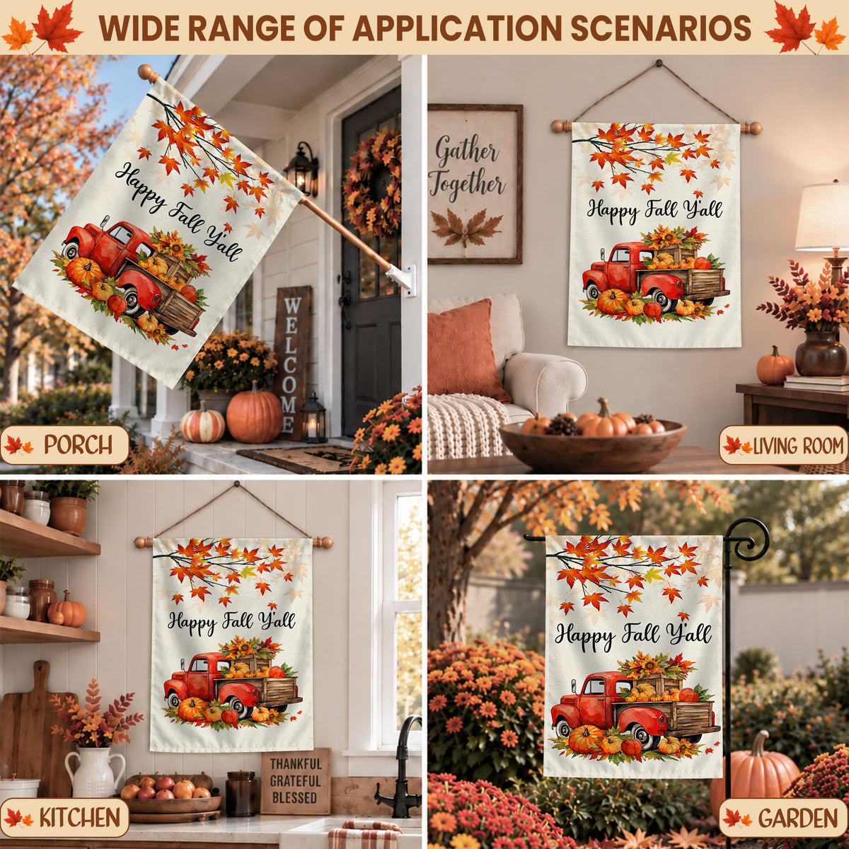 Hello Fall Garden Flag, Welcome Truck Happy Fall Ya'll Floral Pumpkin Outdoor Decor Gift For Family