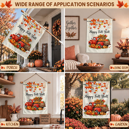 Hello Fall Garden Flag, Welcome Truck Happy Fall Ya'll Floral Pumpkin Outdoor Decor Gift For Family