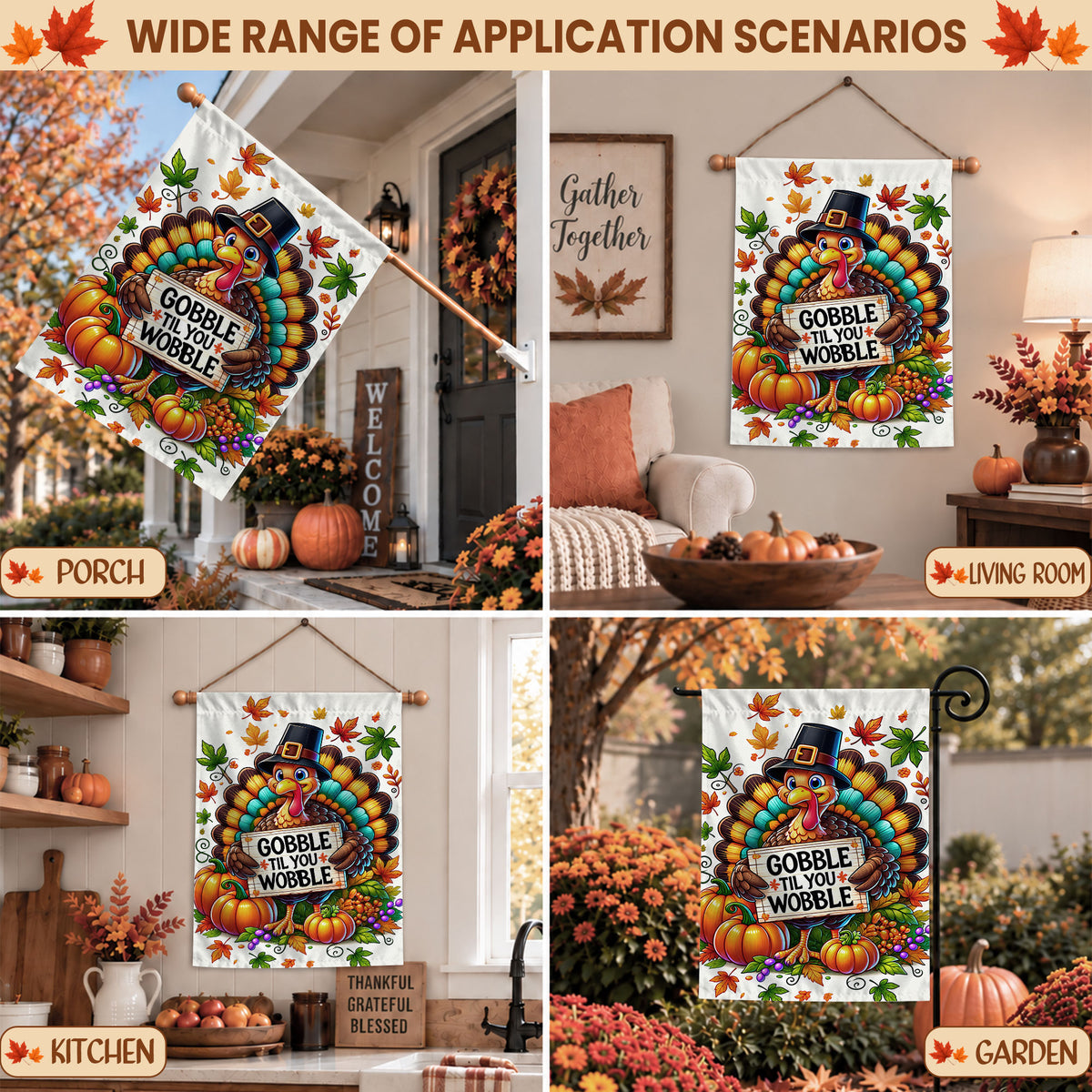Thanksgiving Garden Flag Turkey GOBBLE WOBBLE Chestnuts Pumpkin Family Home Decor Gift For Family