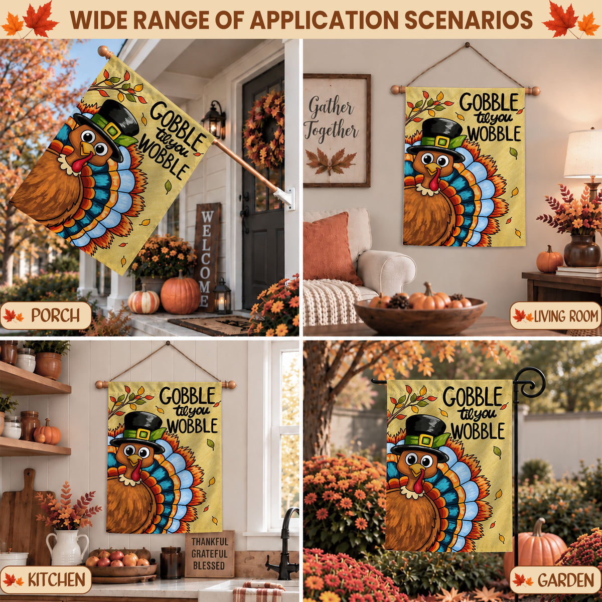 Thanksgiving Garden Flag Turkey GOBBLE WOBBLE Chestnuts Pumpkin Family Home Decor Gift For Family
