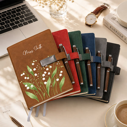 Personalized Leather Notebook Set with Custom Name, Floral Journal Gift Set with Pen for Women, Teacher, Student, Office