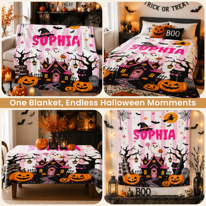 Personalized Halloween Fleece Blanket, Sherpa Blanket, Custom Name Ghost Pumpkin Blanket, Cute Spooky Seasonal Home Decor for Kids