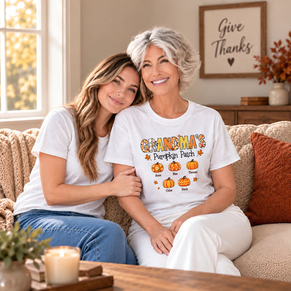Personalized Grandma Thanksgiving Sweatshirt, Custom Family Name Autumn Pumpkin Patch Family Gift