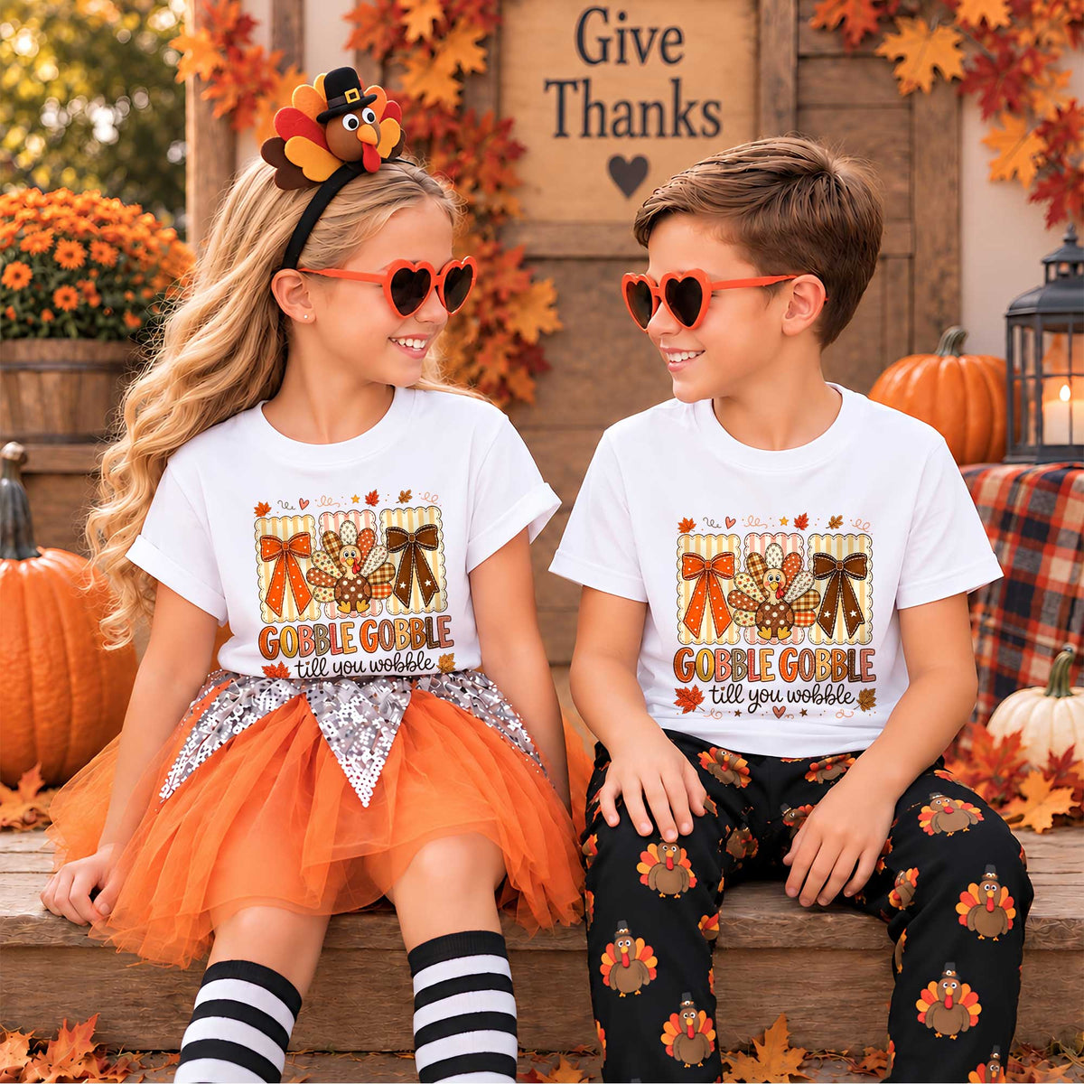 Girls Thanksgiving Shirt, Grateful Thankful Blessed Turkey Pumpkin Bow, Fall Gift for Kids & Women