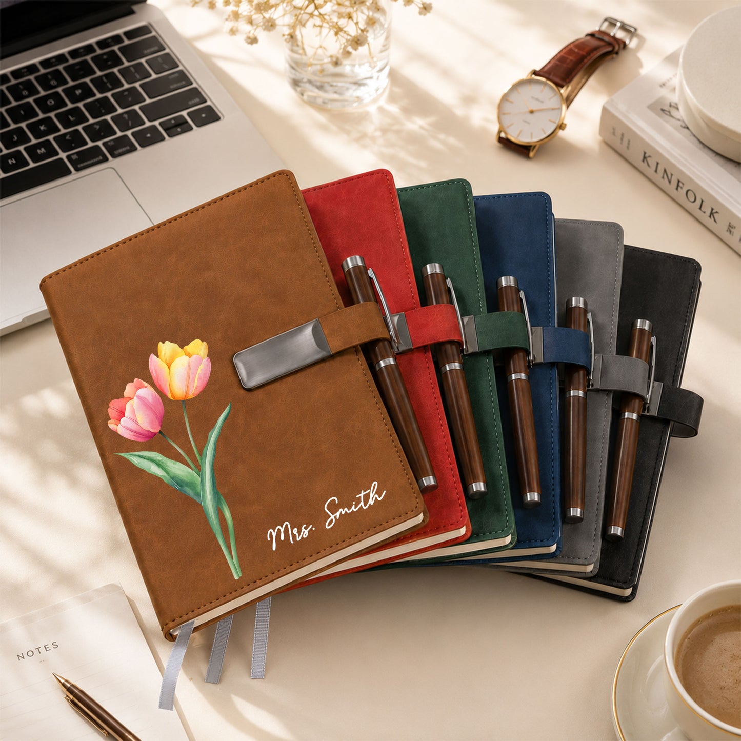 Personalized Leather Notebook Set with Custom Name, Floral Journal Gift Set with Pen for Women, Teacher, Student, Office