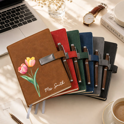 Personalized Leather Notebook Set with Custom Name, Floral Journal Gift Set with Pen for Women, Teacher, Student, Office