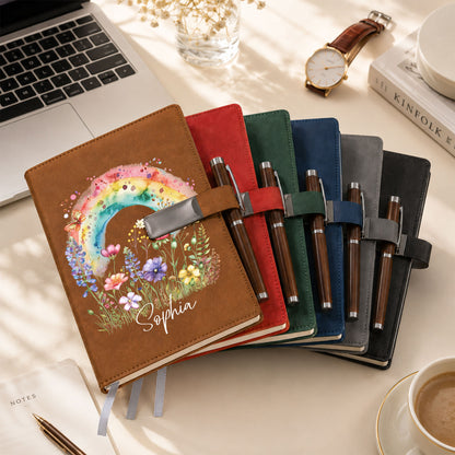 Personalized Leather Notebook Set with Custom Name, Floral Journal Gift Set with Pen for Women, Teacher, Student, Office