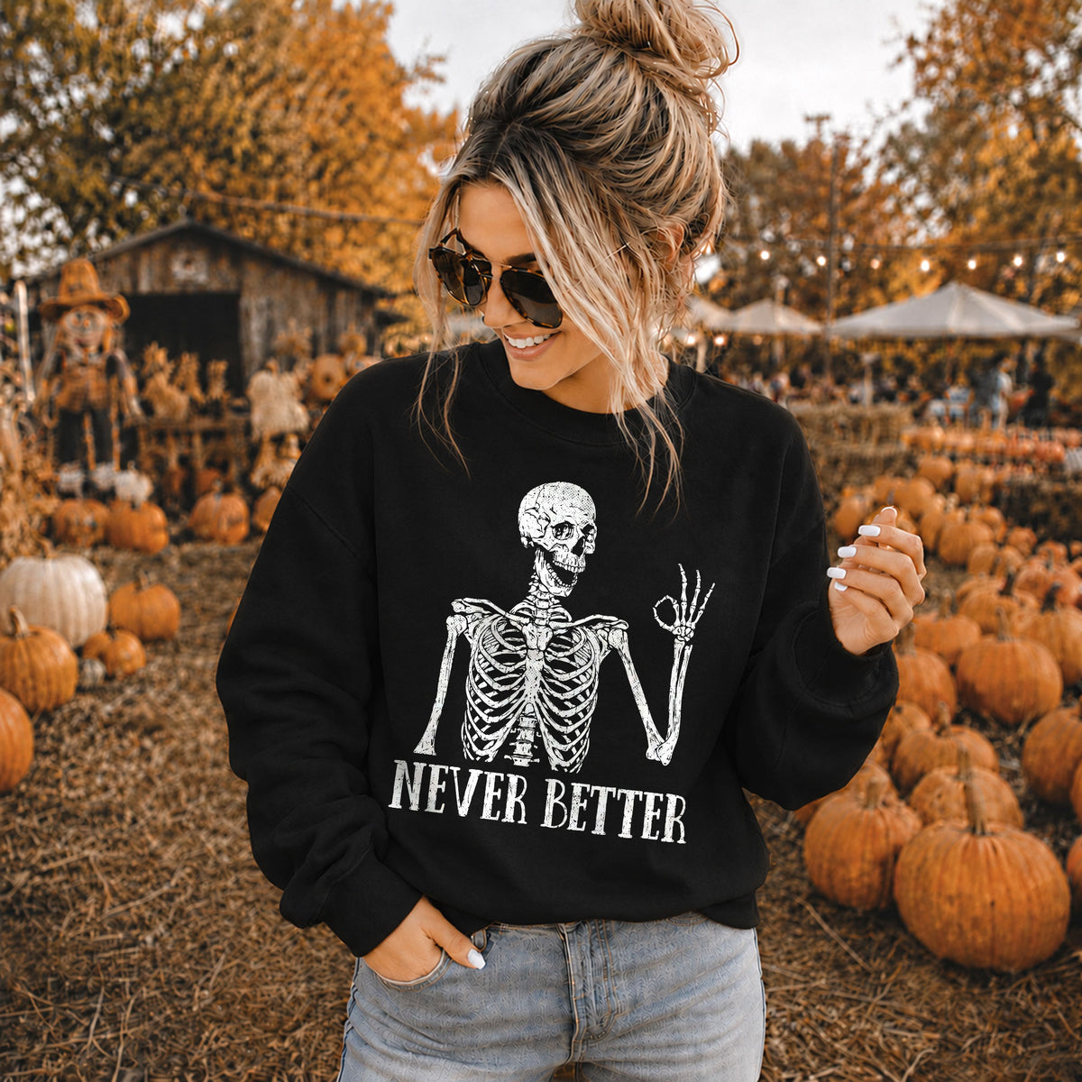 Funny Skeleton Coffee Halloween Sweatshirt, Never Better Graphic, Halloween Gift