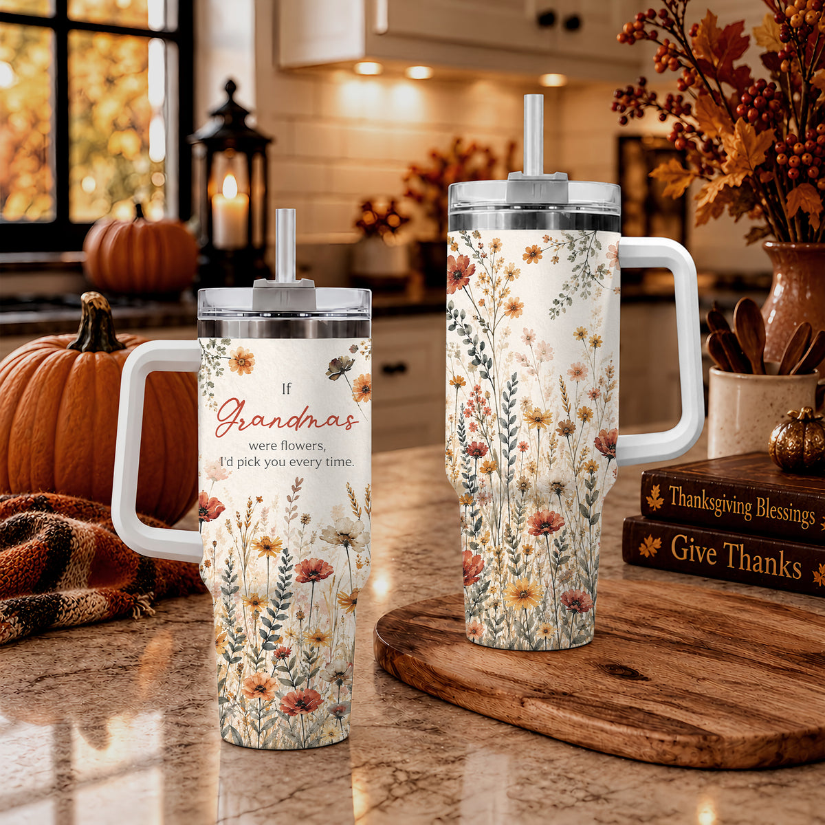 Personalized Thanksgiving Tumbler 40oz with Handle, Floral Fall Design, Gift For Grandma