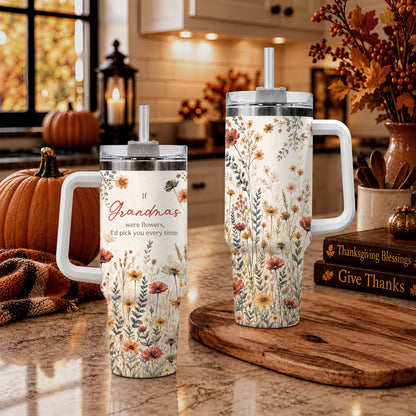 Personalized Thanksgiving Tumbler 40oz with Handle, Floral Fall Design, Gift For Grandma