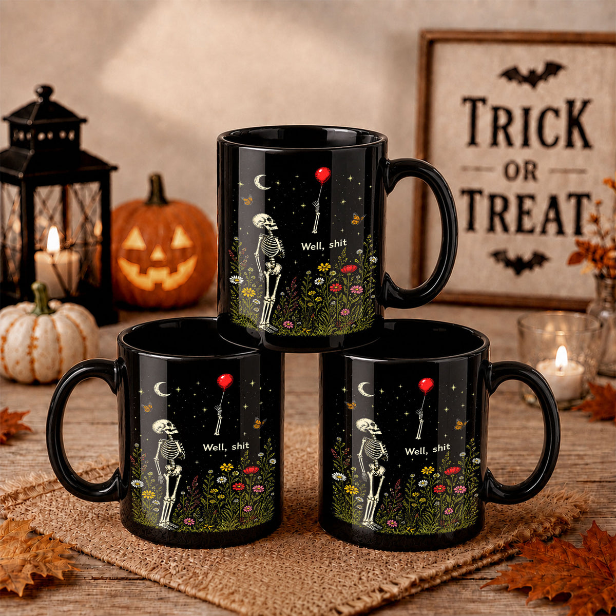 Skeleton Holding Red Balloon Halloween Mug, Funny Spooky Coffee Mug, Halloween Gift